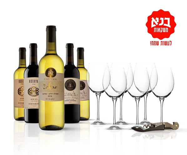 6 יינות אדומים או לבנים + 6 כוסות יין + פותחן + משלוח עד הבית