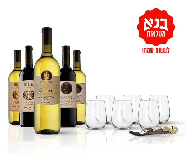 6 יינות אדומים או לבנים + 6 כוסות יין + פותחן + משלוח עד הבית